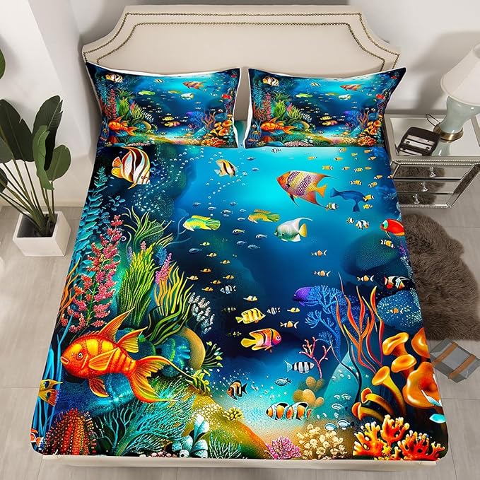 Feelyou Kids Sheet Set Full Cartoon Ocean Fish Bed Sheets Ocean Marine Theme Bedding Set for Boys Girls Soft and Cozy Sea Underwater World Sheets Set with Sealife Deep Pocket Fitted Sheet,Vibrant