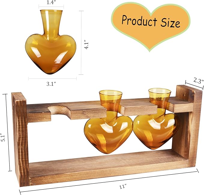 Kingbuy 3-Heart Plant Terrarium Kit - Stained Glass Vase Propagation Station with Vintage Wood Stand - Wall-Mounted Tabletop Indoor Garden Decor for Home Kitchen Wedding Gift for Plant Lover, Amber