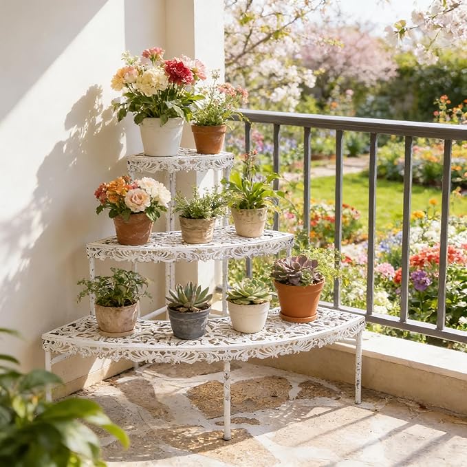 3-Tier Vintage Corner Plant Stand for Indoor Outdoor Distressed Metal Flower Pot Holder Shelves with Ornate Cutout Edges Multi-Level Planter Rack Display Corner Shelf Antique Tall Plant Shelf for Patio Porch Garden Balcony Living Room (White)