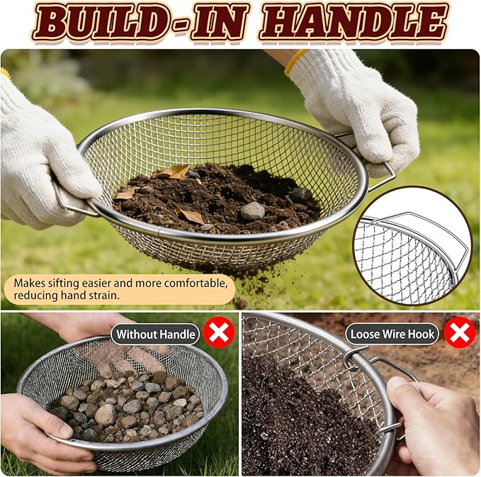 3PCS Soil Sifter for Gardening, Rock Soil Sifter with Handle Compost Sifting Screen for 5 Gallon Buckets with Metal Garden Tool Shovel Gloves 3,6,10mm Mesh Sizes Remove Stone Fine Gravel Sand Dirt