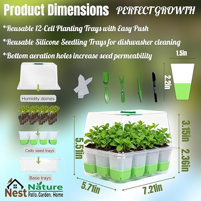 5-Pack Flexible Germination Trays,Reusable 60Cell Seed Starter Trays With Humidity Dome & Lids , Flexible Pop-Out Design, BPA-Free Silicone Seedling Kit & Dishwasher Safe for Herbs/Vegetables/Flowers