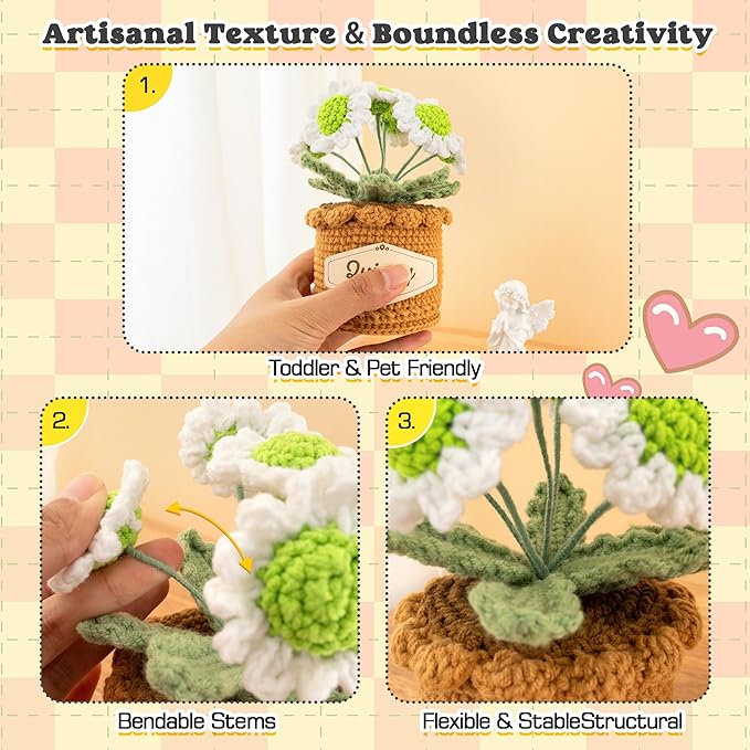 Crochet Flowers with Personalized Leather Name Tag Handmade Knitted Flowers for Home Office Desk Decor Crochet Daisy Potted Plant Crochet Gift for Women,Mom,Teacher, Friend, Birthday(White)