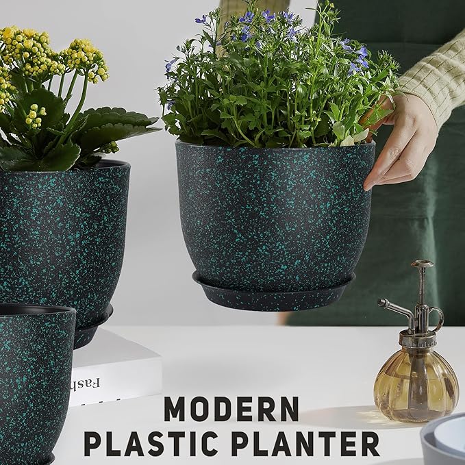 YNNICO Plant Pots 10/9/8/7.5/7 inch Set of 5,Flower Pots with Multi Mesh Drainage Holes, Large Planters for Indoor Outdoor Garden Plants and Flowers. (Green Speckles)