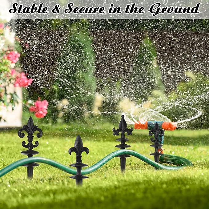 4 Pcs Antique Garden Hose Guide Spike, 13.7" Fleur De Lis Decorative Cast Iron Finial Stakes Heavy Duty Metal Plant Saver Tools Outdoor Hose Protection for Lawn Yard Patio(Black,Assorted Styles)