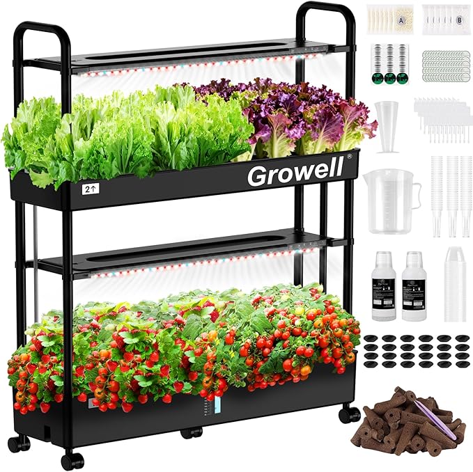 Growell Large Hydroponics Growing System Kit, 60 Pods Vertical Indoor Herb Garden Kit with 2 Light Modes & Auto Circulating Water System, 32L Movable Indoor Gardening System for Herb Vegetable Fruit