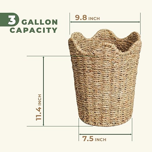 84ECO 2-Pack Scalloped Seagrass Waste Baskets for Bathroom, Bedroom, Office - Scalloped Decor
