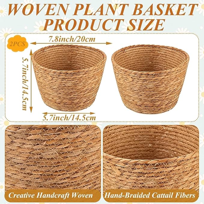 2PCS Seagrass Plant Basket for Indoor and Outdoor,Wicker Large Planter Basket for 6 inch Pot,Rattan Plant Pot Covers for Potted Plants,Woven Storage Baskets for Rustic Boho Farmhouse Decor