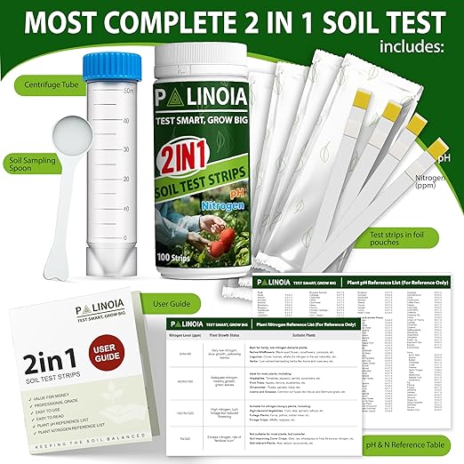 Soil Testing Kit 2-in-1 for pH & Nitrogen – 100 Pack in Resealable Pouches – Fast & Accurate Soil pH Tester for Garden, Lawn & Plants – Includes Spoon & Tube