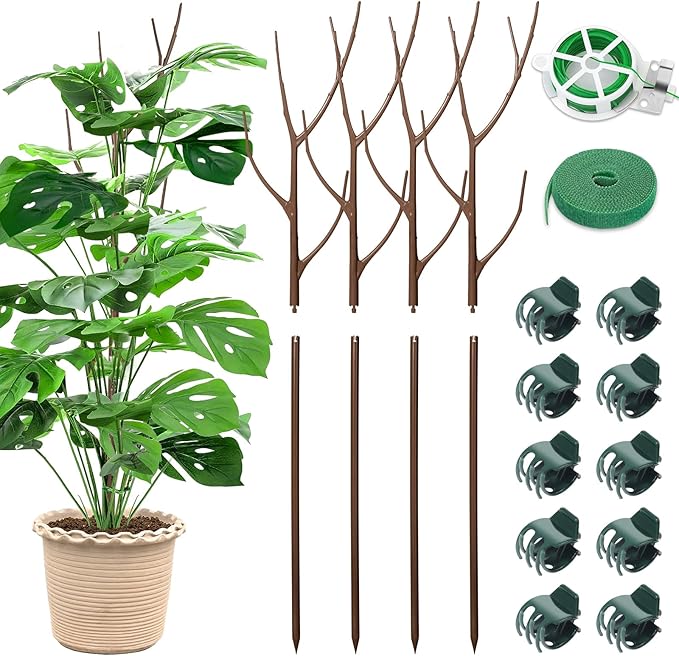 ROADPLUM 4 Pack 27.56" Detachable Twig Plant Support Stakes Set, Blends in to Plant, Branch Plant Sticks with Orchid Clips Twist Plant Ties, Twig Trellis for Indoor Outdoor Plants Potted Plants Flower