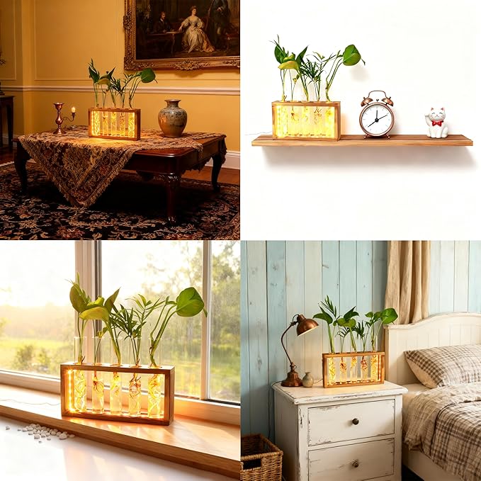 Plant Propagation Station with LED Lights, Plants Terrarium with Wooden Stand, 5 Glass Test Tube Vases for Propagating Hydroponic Plants Cutting Office Home Desk and Garden Decor Gift for Plant Lovers