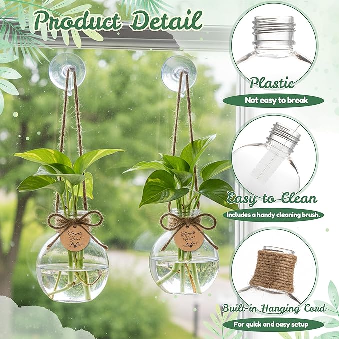 Plastic Window Propagation Stations - 9 Pack Hanging Plant Propagation Vases Clear Jars with Hook Thank You Tag Cleaning Brush for Women Plant Lover Garden Home Office Decor Housewarming Gifts