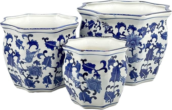 Galt International Blue & White Round Fluted Floral Porcelain Ceramic Plant Flower Planter Pot Set of 3 (7.5", 10", 13") Garden Pots Chinese Asian Design