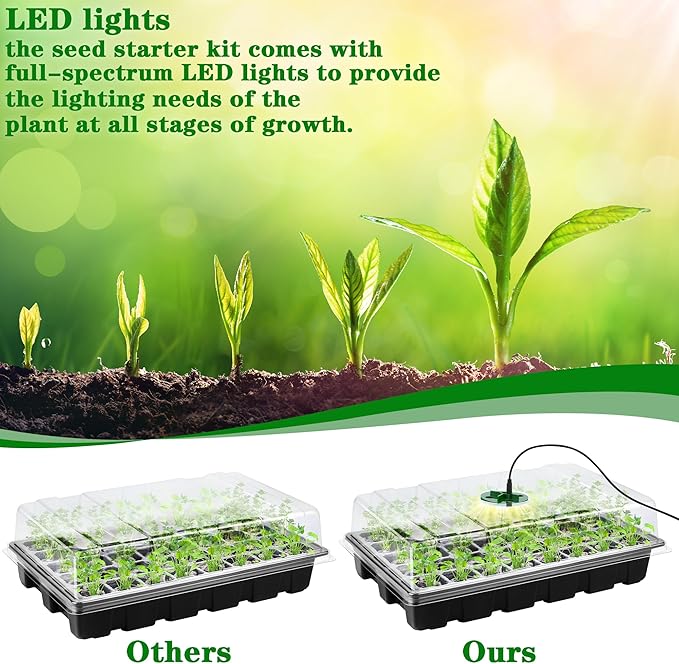 Hahood 3 Pack Seed Starter Tray Kit with Grow Light Germination Trays with Humidity Dome, 120 Peat Pellets, Gardening Tools, Plant Labels, Plant Growing Trays for Seeds Growing Starting, Black