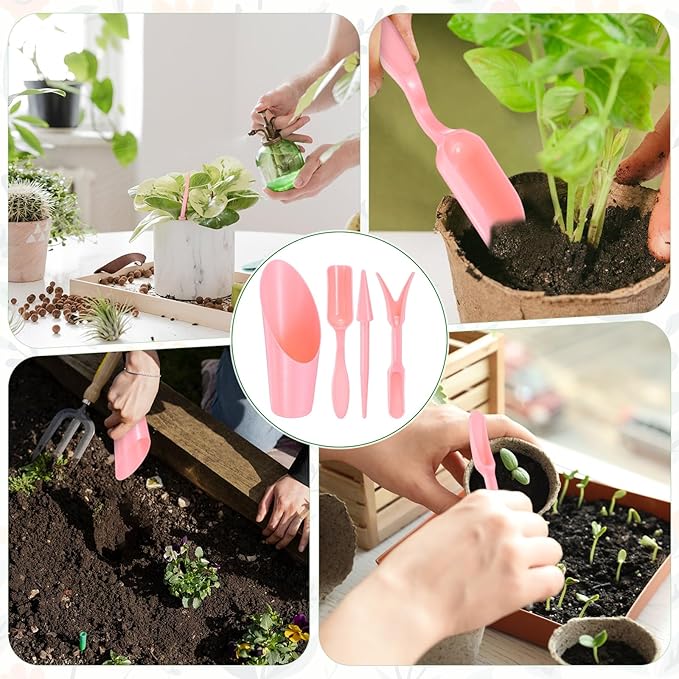 M METERXITY 1-Set Garden Shovel Hand Tools Transplanting Succulent Cultivation Digging Scoops Kits, Plastic Mini Garden Tool Set for Flower Planting/Bonsai Potting [Pink]