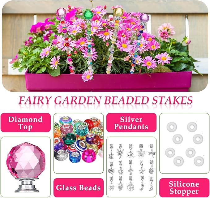 MTLEE 101 Pieces Garden Stakes Decorative Beaded Garden Stakes with Crystal Stopper Top Round Glass Bead Antique Silver Bail with Pendant Silver Bead for Outdoor Decoration (Vintage Style)