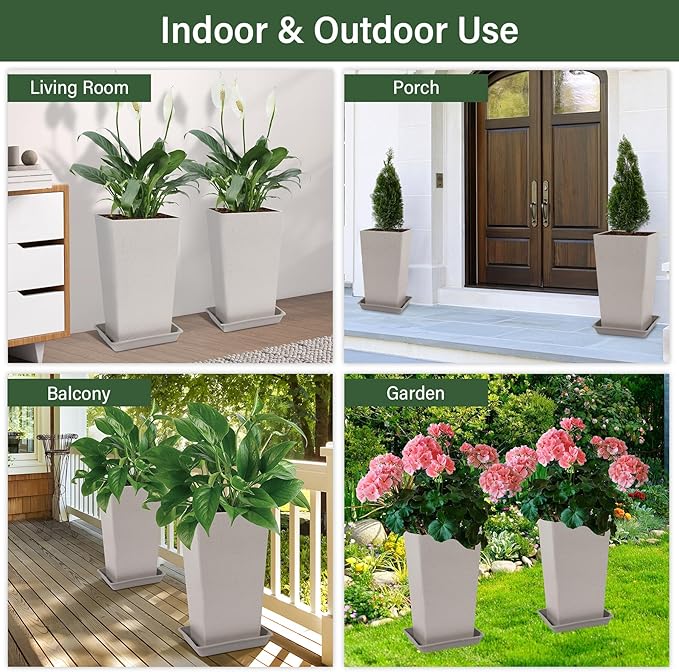 Neoaider Set of 2 Tall Planter, 21 inch Large Plastic Planter with Drain Hole & Saucers, Large Outdoor Planters for Porch, Garden, Patio, Balcony(Light Gray)