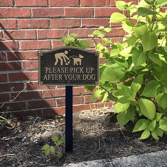 SmartSign Please Pick Up After Your Dog Sign for Yard | 5.75" x 9.5" Aluminum GardenBoss Statement Plaque with 18" Black Lawn Stake, Premium/Designer, Made in USA