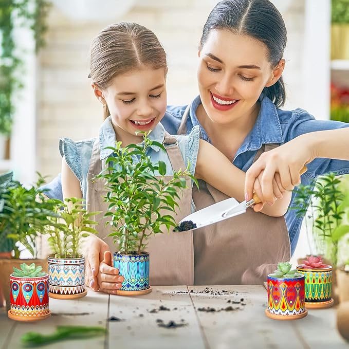 Zopeal 12 Pcs Mandala Ceramic Succulent Pots with Bamboo Trays, Colorful Boho Spring Decor Planters, Small Cactus Plant Pots for Desk Shelf Windowsill, Fiesta Home Decor