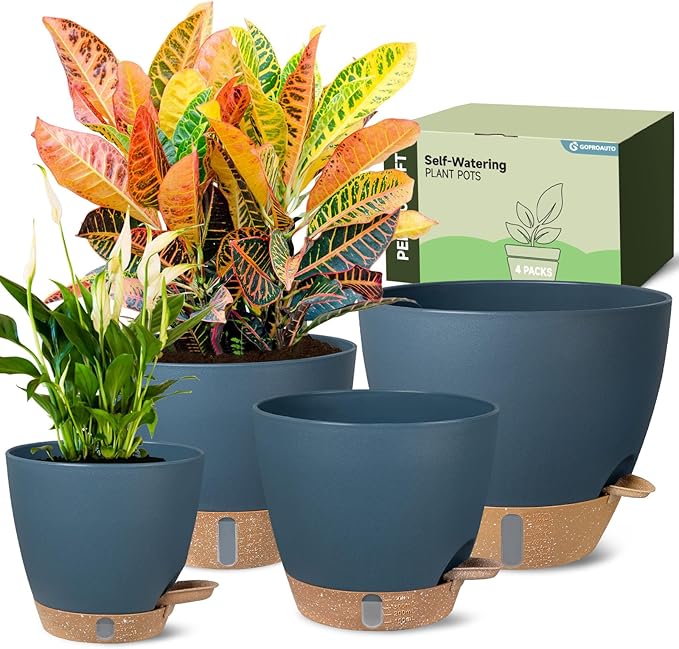 Self-Watering Pots for Indoor Plants 4 Pack, 6/8/10/12 Inch Outdoor Planters with Water Level Indicator&Deep Reservoir, Decorative Flower Pots for Indoor Plants,Home Decor (Blue, 12+10+8+6 inch)