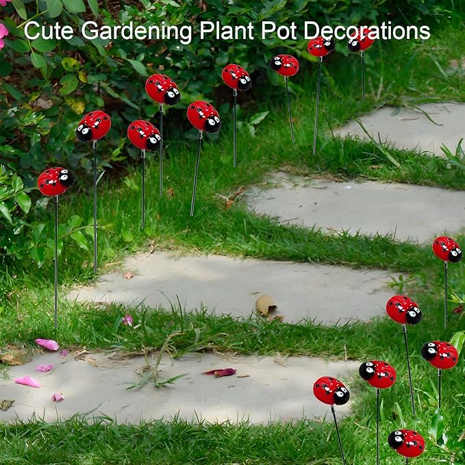 Garden Stakes Decor,10Pcs Garden Stakes Decorative Outdoor Lawn Pathway Patio Plant Pot Art Stick Yard Art Decorations for Pot Lawn Patio Corridor Flower Bed Outdoor Plant (Ladybug)