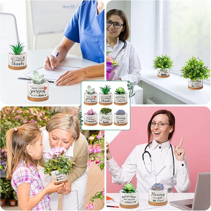 Potchen 6 Pcs Best Nurse Ever Gifts Nurses Day Gifts Nurse Appreciation Gifts Nurses Week Gifts Nurse Graduation Nurse Practitioner Gifts Succulent Plant Pot Gifts Set for Women (Nurse Style)