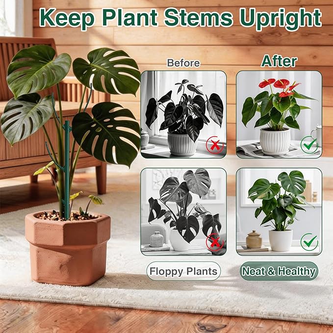 5 Pack Stackable Plant Support Stakes, Moss Pole Alternative for Monstera & Climbing Vines, Gardening Gifts for Women, Garden Essential Trellis Sticks for Indoor Outdoor Plant with 20Pcs Clips & Ties