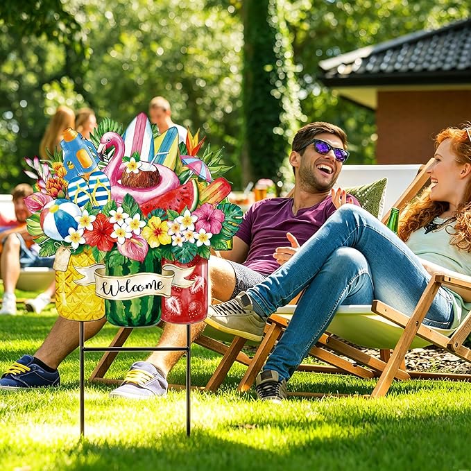 Amyhill Summer Tropical Outdoor Decor Garden Stakes Metal 25 Inch Hawaiian Luau Welcome Yard Signs Decorations Outdoor Tropical Decorative Garden Stakes Patio Lawn Walkway Backyard Porch Decorations