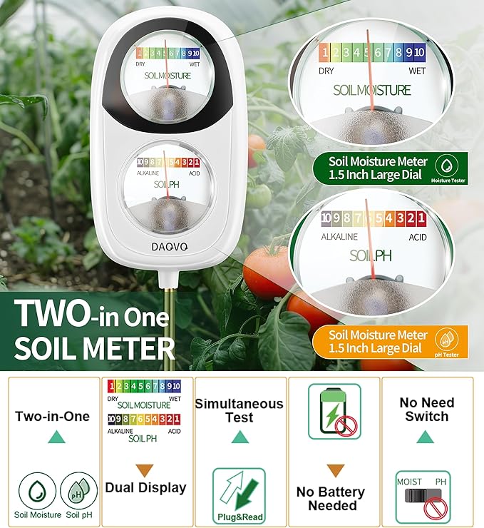 2-in-1 Moisture Meter for Plants, Soil Moisture Meter & PH Meter, Large Dual-Screen Soil Test Kit, Essential Garden Tools for Indoor/Outdoor Plant, Lawn, Farm, No Battery Needed