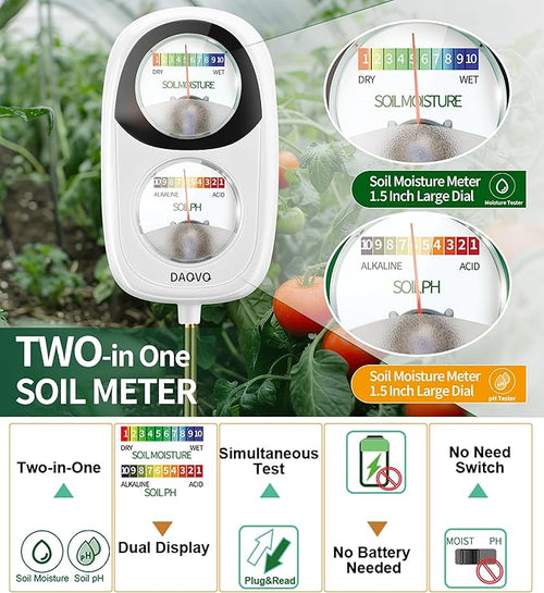 2-in-1 Moisture Meter for Plants, Soil Moisture Meter & PH Meter, Large Dual-Screen Soil Test Kit, Essential Garden Tools for Indoor/Outdoor Plant, Lawn, Farm, No Battery Needed