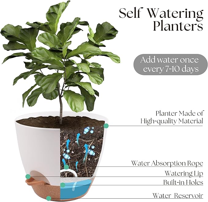 TYMENSH Plant Pots 12/10/9 inch Set of 3, Self Watering Flower Pots Indoor Outdoor, Planters with Drainage Hole Saucer Reservoir, White