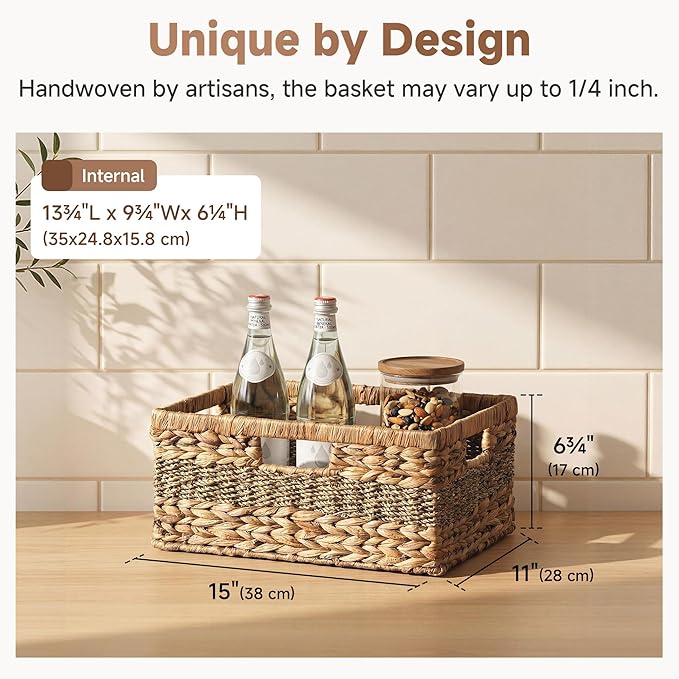 StorageWorks Large Rectangular Wicker Basket, Water Hyacinth and Seagrass Storage Basket with Built-in Handles, 1 Pack