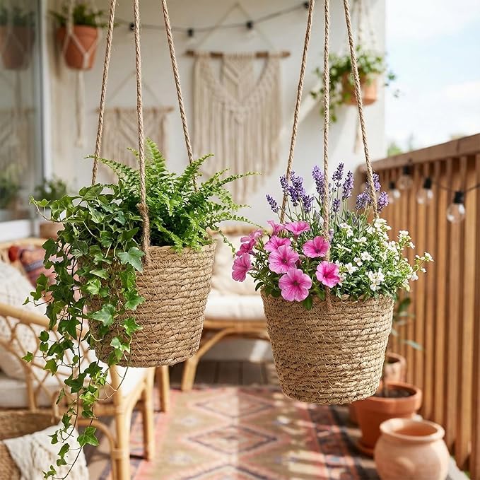 12 Pcs Seagrass Hanging Planter Basket Hand Woven Plant Basket with Plastic Liners Hanging Plant Holder Storage Containers with Cotton Rope for Indoor Garden Decor (Small,Brown)