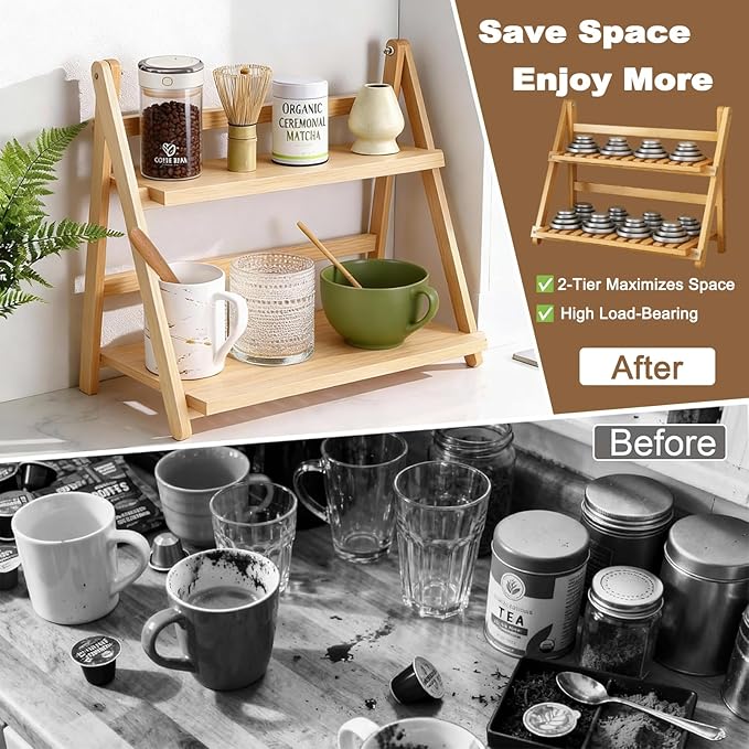 Wooden Matcha Station Shelf, 2 Tier Natural Finish Bamboo Countertop Organizer,15.7'' Coffee Station Organizer, Desktop Flower Pot Rack for Home Living Room Window Sill Foldable Display Storage Shelf