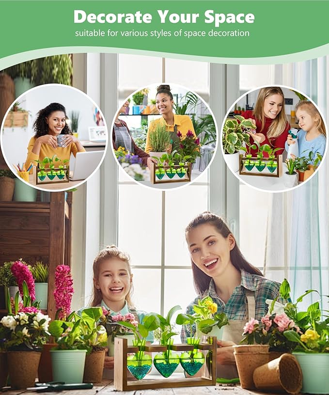 Nacome Plant Terrarium Propagation Stations: Mothers Day Gifts for Mom Plant Lovers Women Wife Daughter - 3 Bulb Glass Vase with Wooden Stand Tabletop for Hydroponics Home Garden Decor(Green)