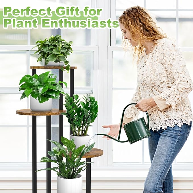 5 Tier Wood Tall Plant Stand Metal Rack Indoor, Multiple Flower Pot Holder Shelves Corner Rack, Round Planter Shelf Display Rack Storage Organizer for Patio Living Room Balcony(Black+Brown)