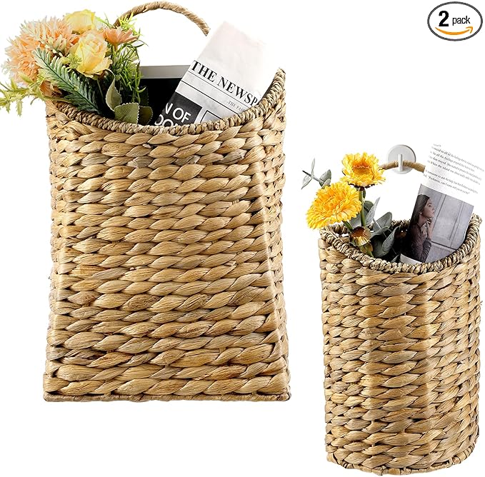 2 Pack Woven Hanging Basket Set, Wicker Wall Baskets Handmade Seagrass Planters for Front Door, Garden, Farmhouse Home Decor