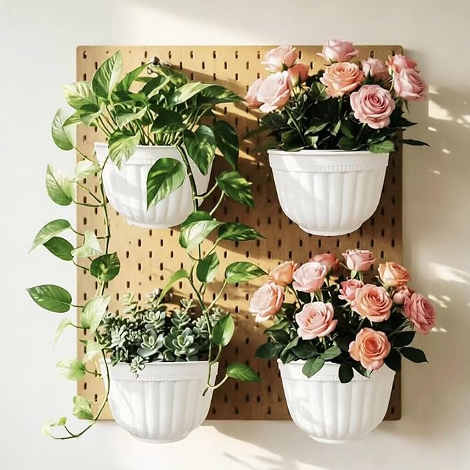 4 Pack White Wall Planter Pots Vertical Living Wall Hanging Planters Wall Mounted Planter Holder with Drainage Hole for Indoor Outdoor Plants Wall Decor with Hooks/Screws