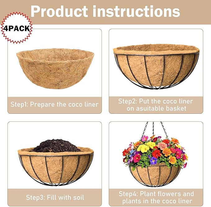 4 Pack 12 inch Hanging Baskets Planter for Plants Vegetables Flowers Outdoor Black Round Wire Plant Holder with Coco Fiber Liners Garden Balcony Patio Deck Porch Indoor Hanging Baskets