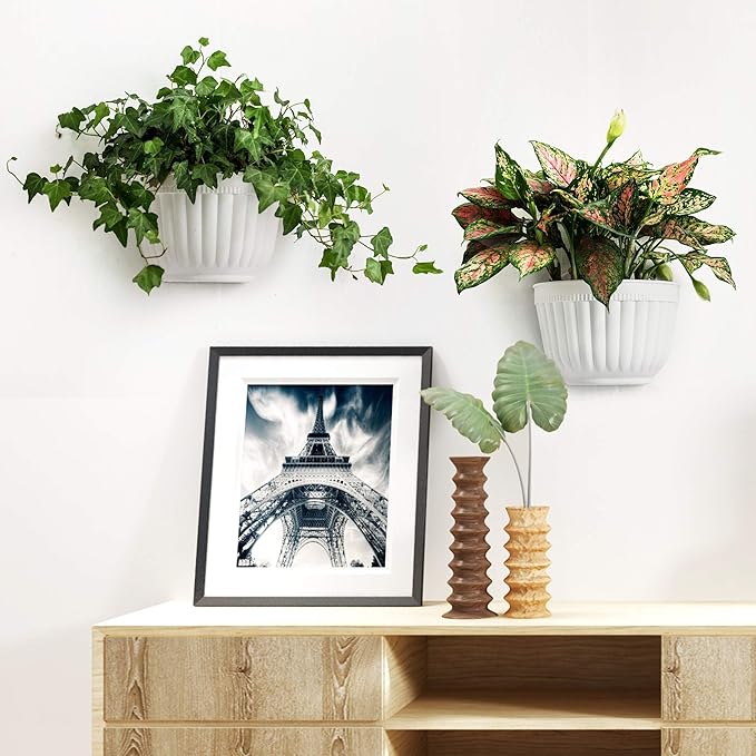 6 Pcs Plastic Large Wall Plant Pots Vertical Garden Living Wall Mounted Window Hanging Basket Fence Planters Indoor Outdoor for Plants Flowers Kitchen Herbs Holder with Drainage Decor White