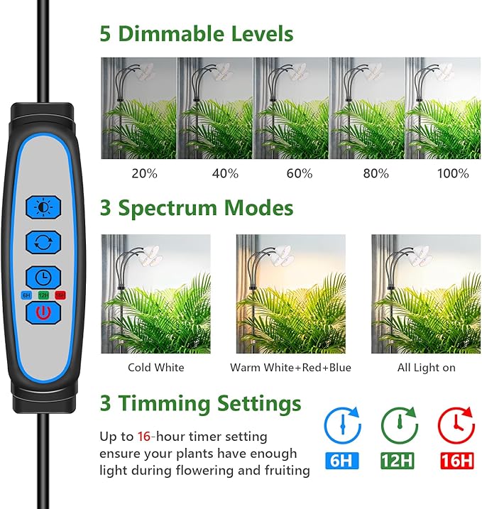Wolezek Grow Lights for Indoor Plants with Stand, 3-Head 78 LEDs Full Spectrum Floor Plant Grow Lamp for Large Plants, Auto On/Off Timer 6/12/16H, 5 Dimmable Levels, Adjustable Height 16.5"-61"