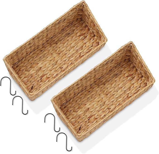 Casafield Set of 2 Hanging Baskets with Hooks - Natural, Hyacinth Woven Wall Mounted Storage Bins for Kitchen, Bathroom, Laundry Room, Home Office