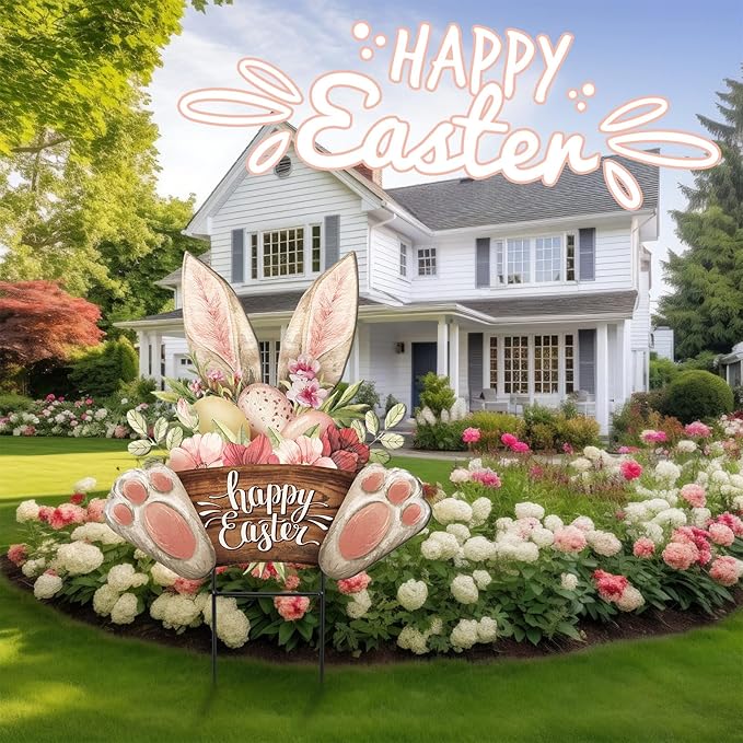 Amyhill Happy Easter Outdoor Decorations Bunny Metal Garden Stakes 25 Inch Welcome Yard Signs Easter Rabbit Egg Decor Outdoor Decorative Garden Stakes Spring Decorations Patio Lawn Walkway