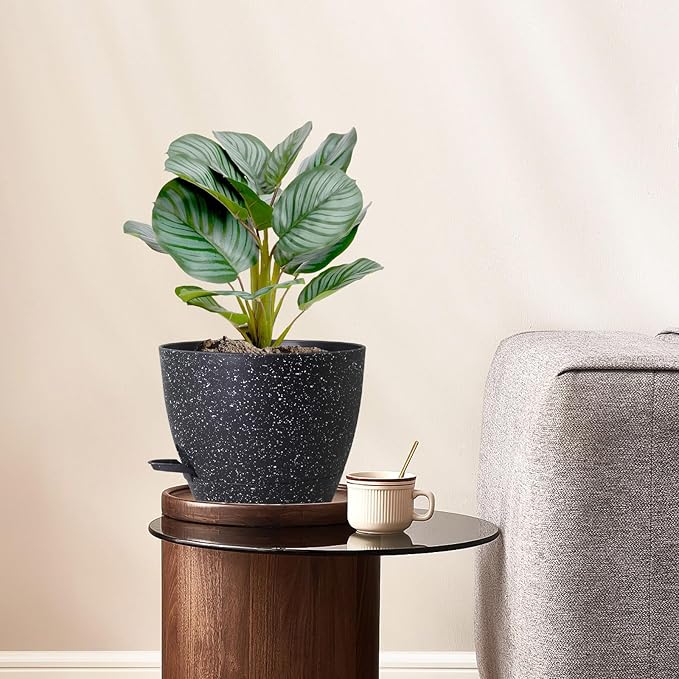 WSMKSZ 10 inch Self Watering Pots, Planter, Plant Pots with Mesh Drainage Holes for Indoor Outdoor House Plants and Garden, Pack of 2 Plastic Flower Pots with Deep Reservoir, Speckled Black
