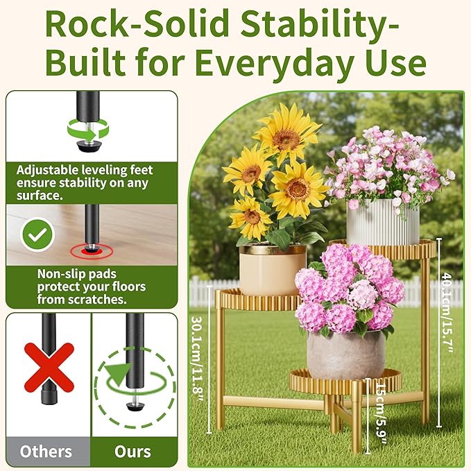 Stand Plants, 3 Tier Metal Corner Plant Stands for Outdoor Indoor, Heavy Duty Flower Pot Stands for Multiple Plants, Decoration Floding Tall Display Racks for Patio Garden -GoldFloroma