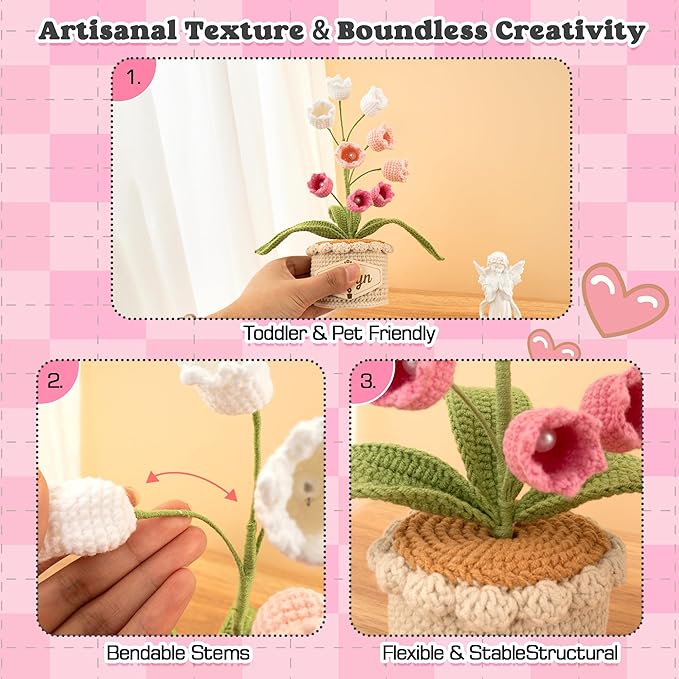 Crochet Flowers with Personalized Leather Name Tag Handmade Knitted Flowers for Home Office Desk Decor Crochet Lily of the Valley Flower Pot for Women,Teachers, Birthday Crochet Gifts(Pink)