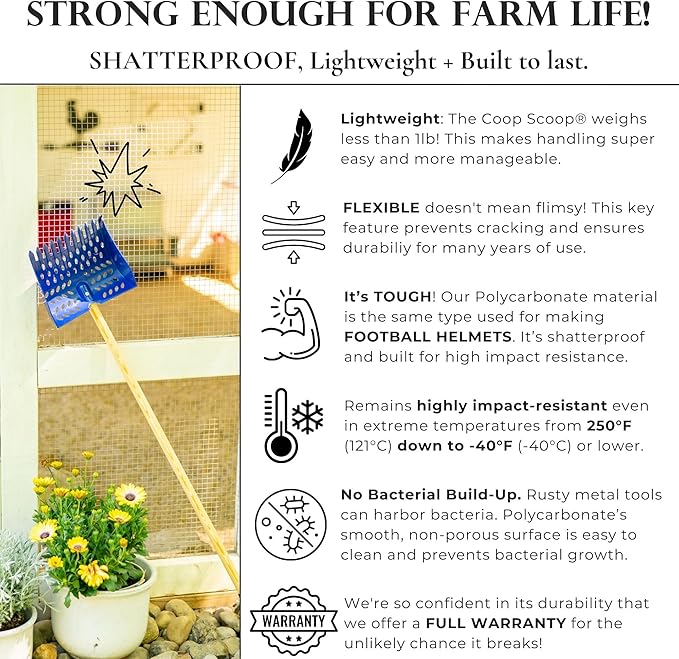 The Coop Scoop® Original 2-in-1 Chicken Poop Scooper & Rake – Made in The USA, Patented, Durable Sand Sifting Litter Shovel for Chicken Coops & Small Farm Animals