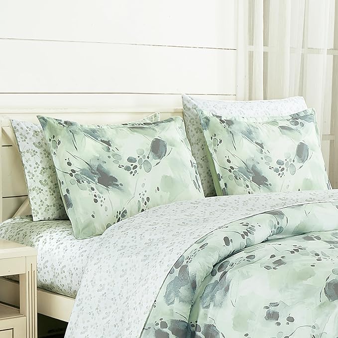 Chezmoi Collection Cristie 7-Piece Floral Bed in a Bag King Comforter Set - Green Gray White Watercolor Floral Printed Microfiber Bedding Set