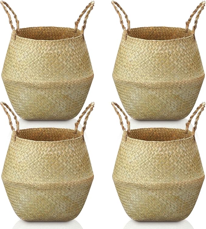 Qunclay 4 Pcs Woven Seagrass Baskets Belly Basket Folding Boho Natural Plant Pot with Handles Round Decorative Wicker Large Indoor Planter for Home Outdoor Tree Planters Decor (XL,12''dx13.8''h)