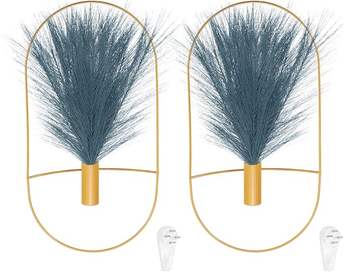 uxcell 2 Pcs Wall Decor Metal Gold Wall Art Hanging Planters with Artificial Pampas, Wall-Mounted Decor Metal for Display Artwork Plant Hanging Living Room Bedroom, Blue (Oval)