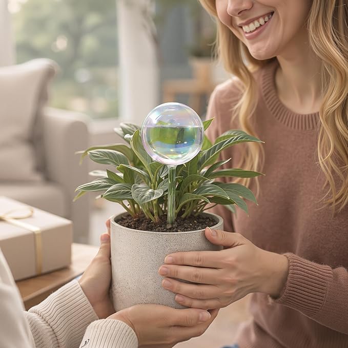 Soilagua 6.8 oz Wick-Controlled Plant Watering Globes, Self Watering Globes for Everyday and Vacation Use, Iridescent Glass Water Bulbs, Automatic Plant Waterer, 4 Pack